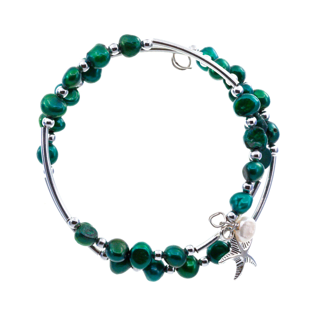 Green Double Wire Wrap Stainless Steel Bracelets With Freshwater Pearls