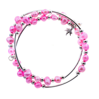 Pulseras rosadas de acero inoxidable con doble envoltura de alambre y perlas de agua dulce