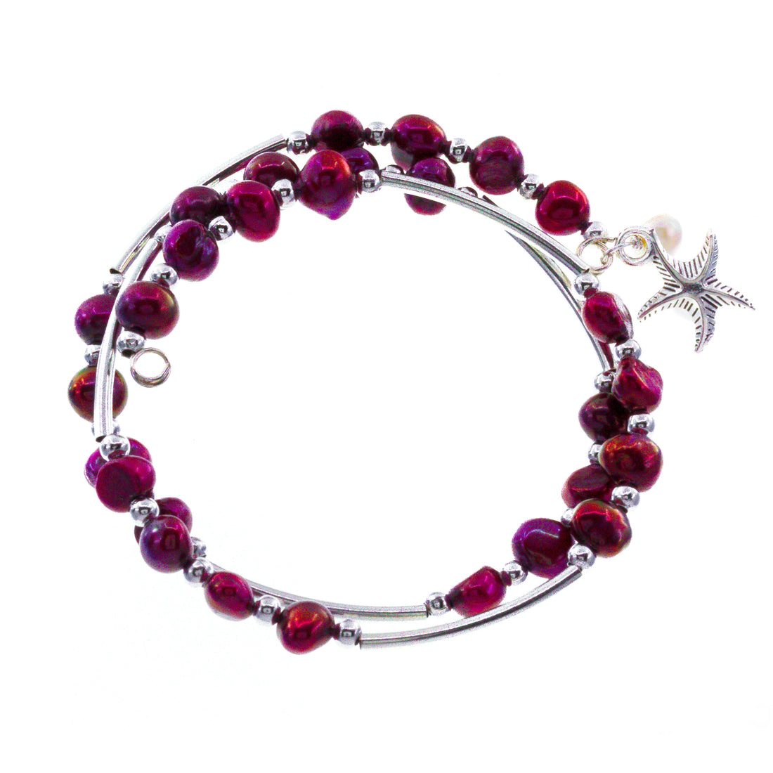 Red Double Wire Wrap Bracelets With Freshwater Pearls