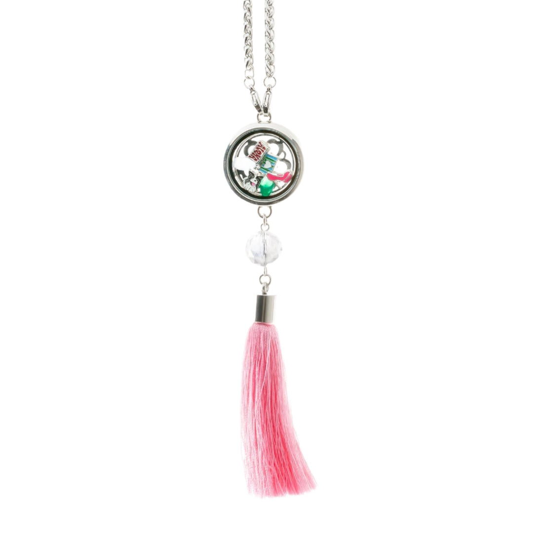 Pink Car Hanging Glass Locket with Tassel holds baby gems and pearls