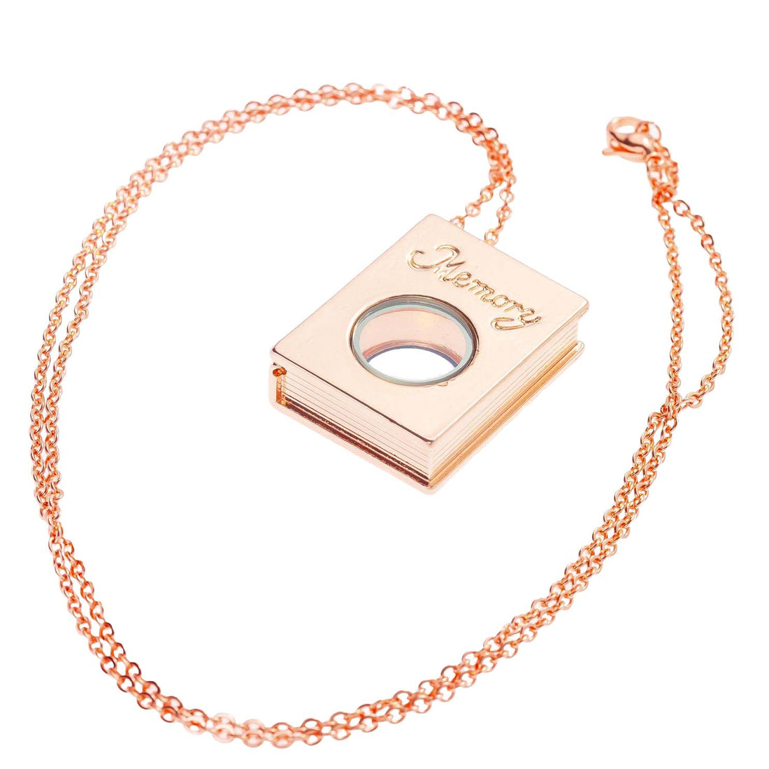 Glass Locket Pendant Magnetic - Rose Gold Memory Book with Chain