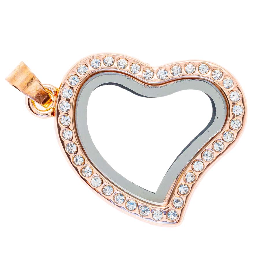 Glass Locket Pendant Magnetic - Rose Gold Heart Rhinestone with Chain
