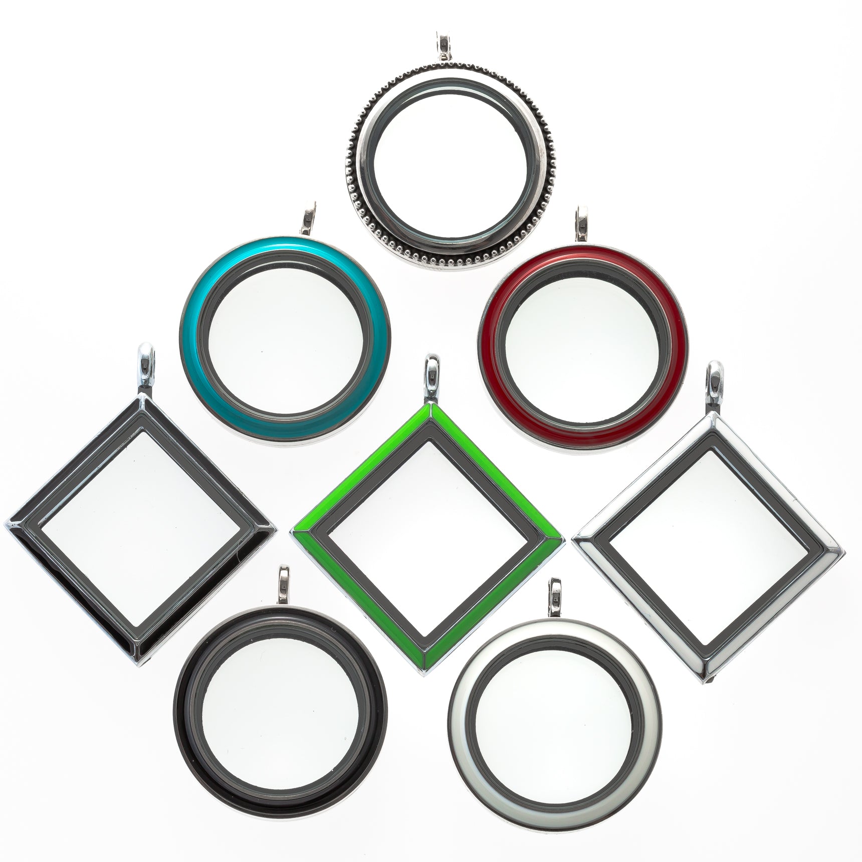 Paquete de 8 medallones magnéticos de vidrio con formas y colores abatibles hacia arriba y giratorios