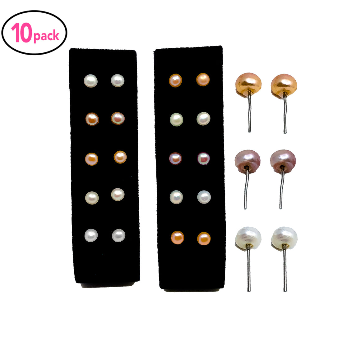 Paquete de 10 aretes de perlas de botón con fondo plano, colores naturales, 6-7 mm, chapados en plata con revestimiento de rodio