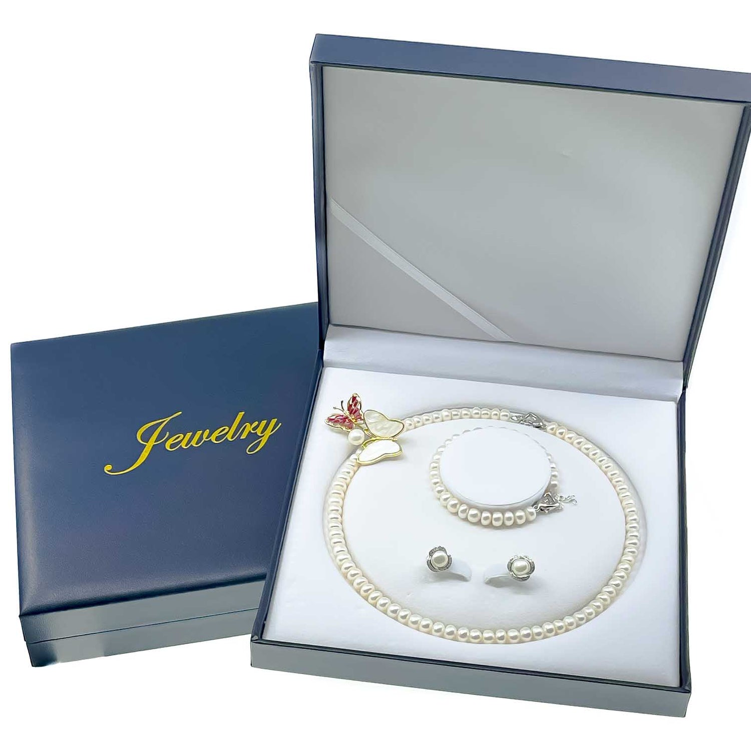 Button Pearl 18” Necklace Bracelet Earring Brooch Matching Set in a Jewelry Box Default