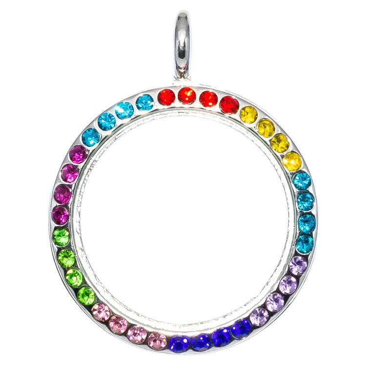 Glass Locket Pendant Twist Off - Round Small Circles Rainbow Rhinestone