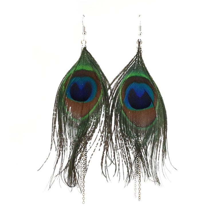 Pendientes largos de plumas naturales de pavo real con borla de 5&quot; Pendientes colgantes con clip de goteo