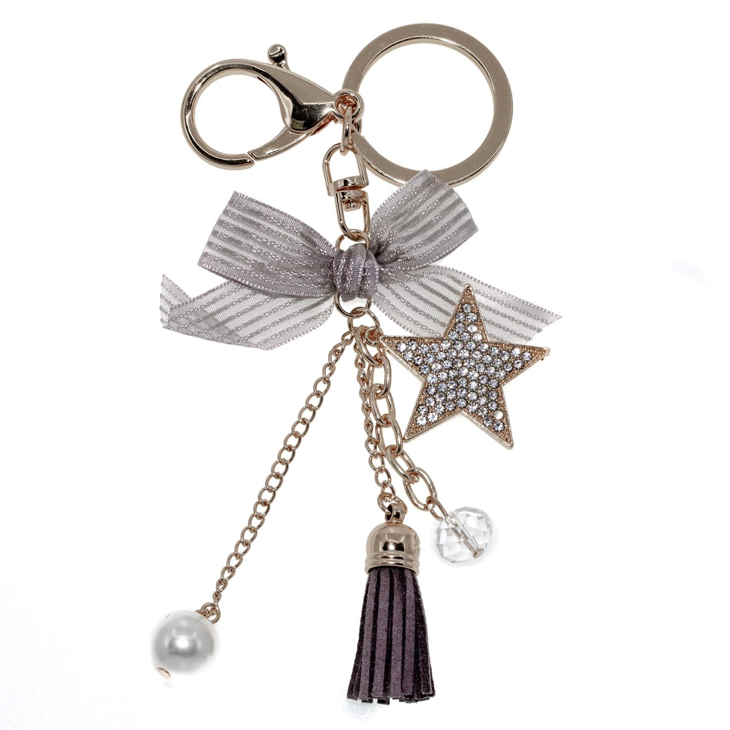 Keychain Rhinestone Grey Ribbon Star Dangle