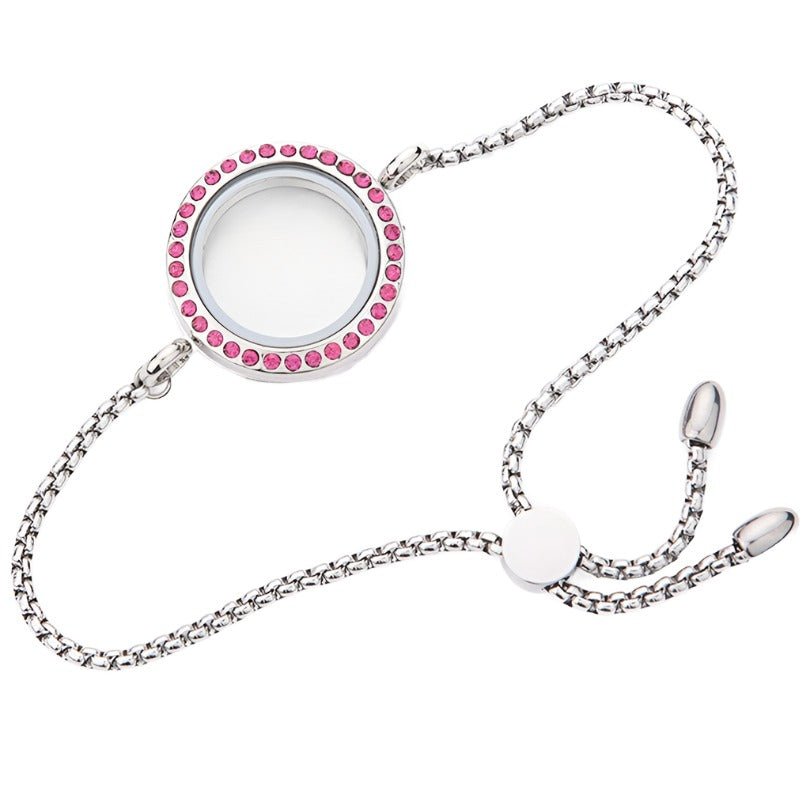 Glass Locket Bracelet Magnetic - 30mm Round Pink Rhinestone 9&quot; Stainless Steel